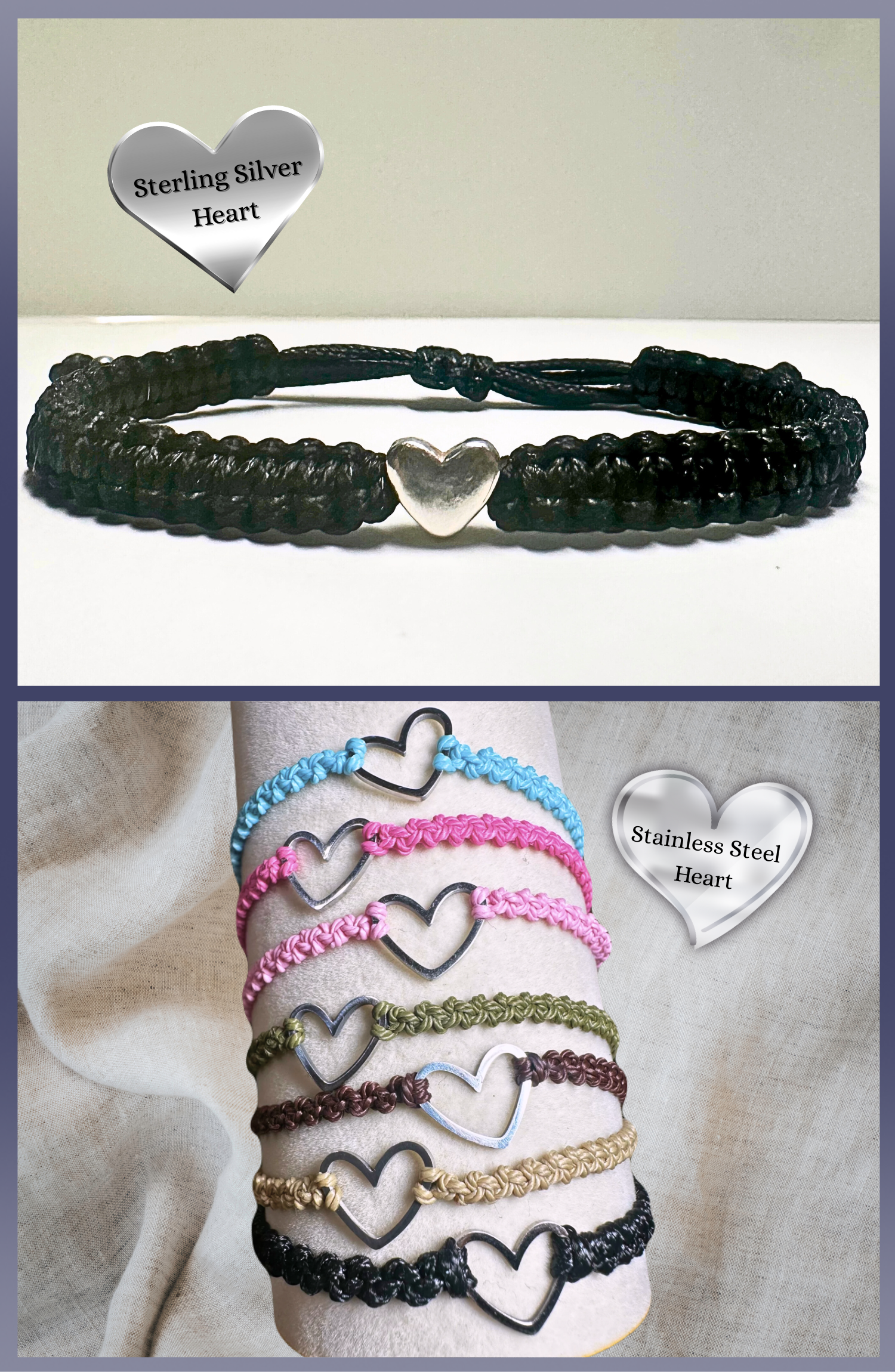Macrame Adjustable Silver Heart Boho Bracelet